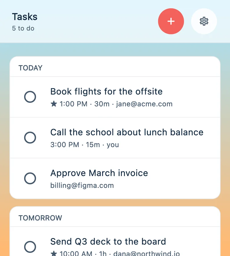 The Tasks tab, with tasks grouped under Today, Tomorrow and This week