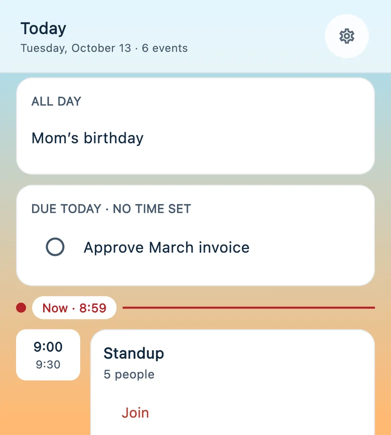 The Today tab: an all-day event, a task due today and the day’s meetings