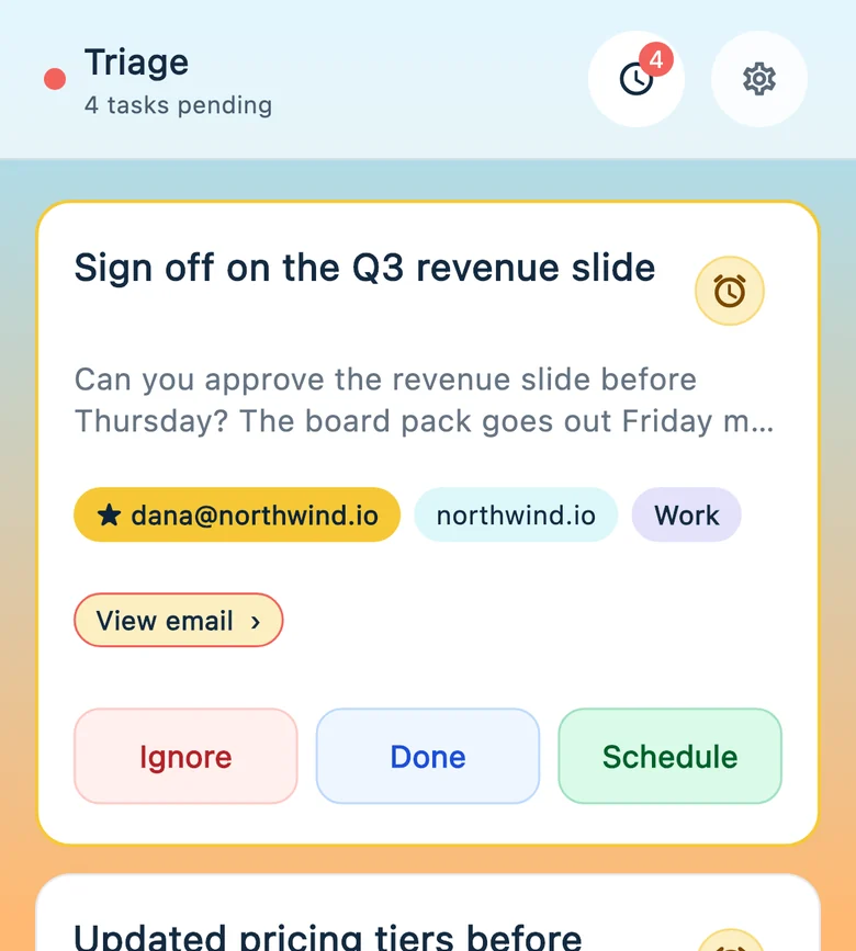 A task card for an email from a top sender, with Ignore, Done and Schedule
